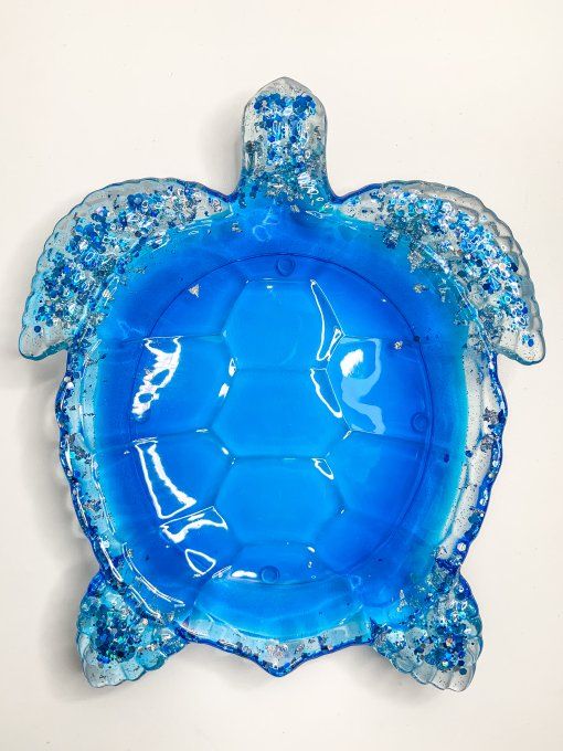 Grand plateau tortue bleu roi, paillettes et feuilles argent