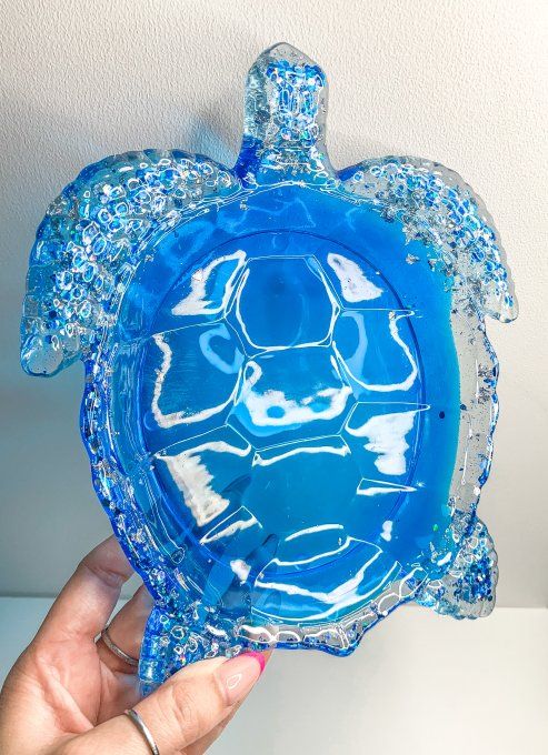 Grand plateau tortue bleu roi, paillettes et feuilles argent