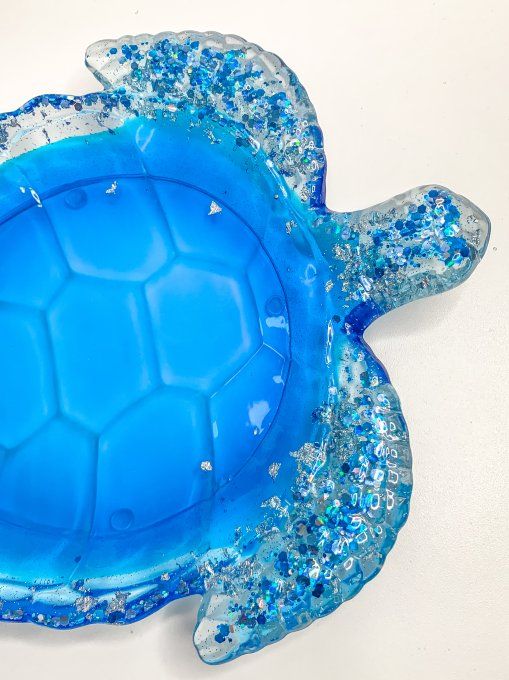 Grand plateau tortue bleu roi, paillettes et feuilles argent