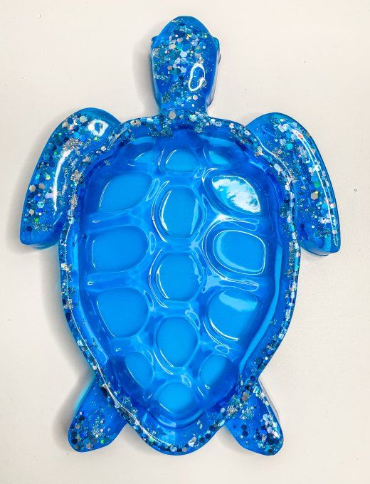 Plateau tortue bleu roi, paillettes et feuilles argent