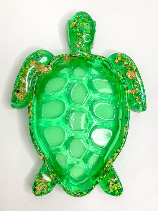 Plateau tortue vert, paillettes et feuilles or